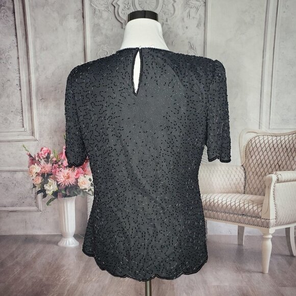 LAWRENCE Kazar 100% Pure Silk Black Lined Sequins Beads Party Blouse Size Medium - Picture 7 of 9